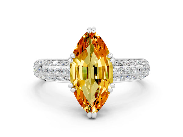 Platinum Marquise Cut Citrine Solitaire Ring with Multi-Row Round Pavé Band and Prong Setting
