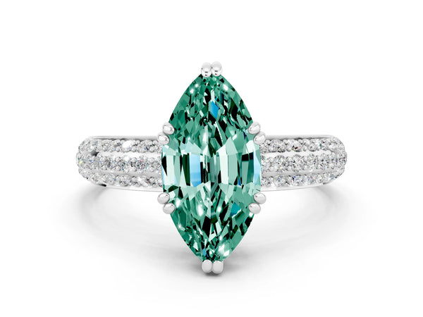 Silver Marquise Cut Green Sapphire Solitaire Ring with Multi-Row Round Pavé Band and Prong Setting