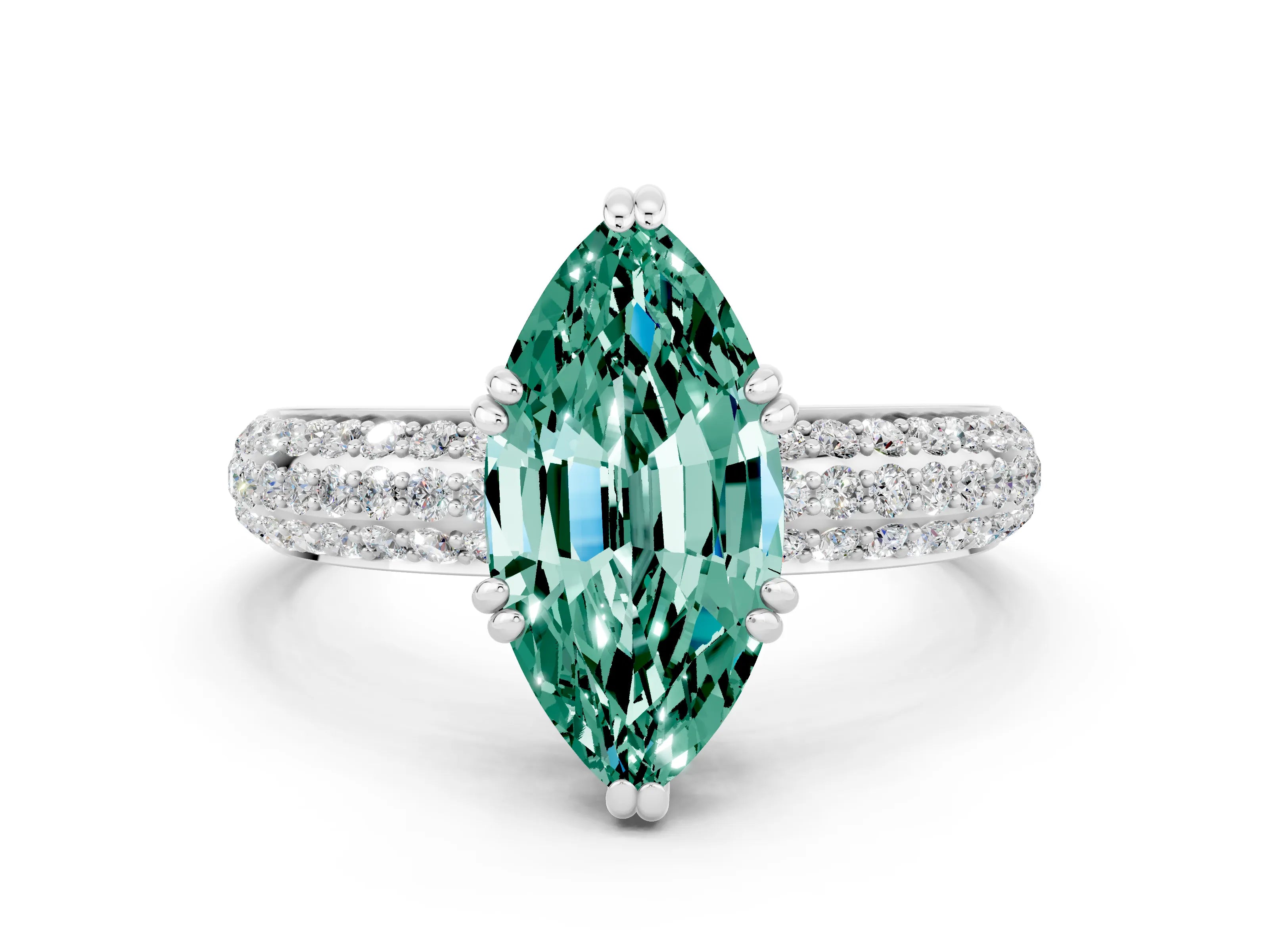 White gold Marquise Cut Cut Pave Diamond Engagement Ring with Channel Set Band and Four-Prong Setting
