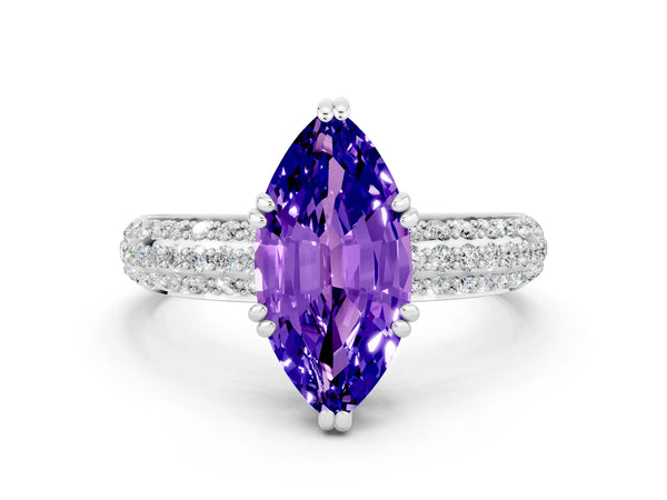 Platinum Marquise Cut Tanzanite Solitaire Ring with Multi-Row Round Pavé Band and Prong Setting