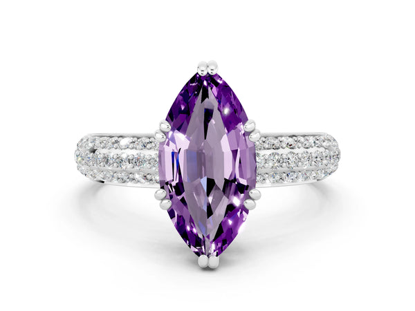 Platinum Marquise Cut Amethyst Solitaire Ring with Multi-Row Round Pavé Band and Prong Setting