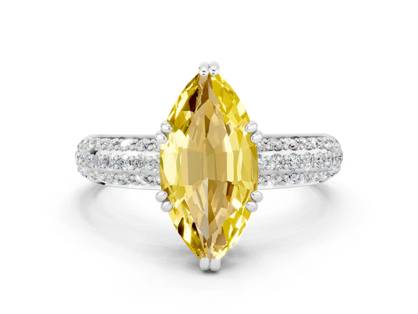 Silver Marquise Cut Yellow Sapphire Solitaire Ring with Multi-Row Round Pavé Band and Prong Setting