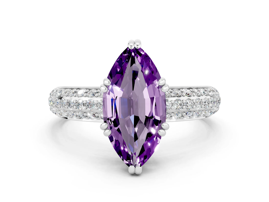 White gold Marquise Cut Cut Pave Diamond Engagement Ring with Channel Set Band and Four-Prong Setting