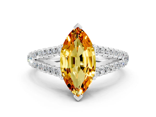 Platinum Marquise Cut Citrine Split Shank Engagement Ring with Round Pavé and Prong Setting