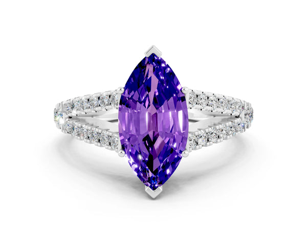 Silver Marquise Cut Tanzanite Split Shank Engagement Ring with Round Pavé and Prong Setting