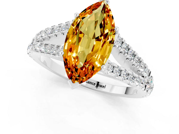Silver Marquise Cut Citrine Split Shank Engagement Ring with Round Pavé and Prong Setting