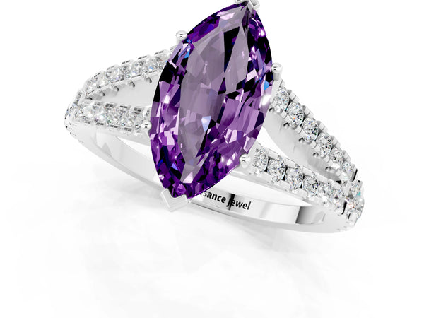 Silver Marquise Cut Amethyst Split Shank Engagement Ring with Round Pavé and Prong Setting