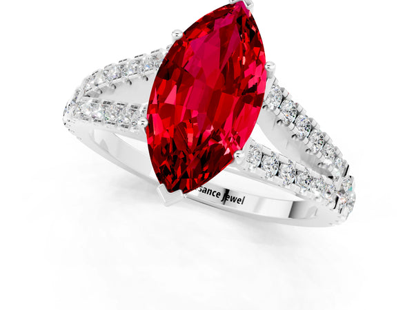 Platinum Marquise Cut Ruby Split Shank Engagement Ring with Round Pavé and Prong Setting