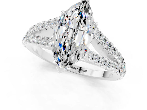 Silver Marquise Cut Moissanite Split Shank Engagement Ring with Round Pavé and Prong Setting