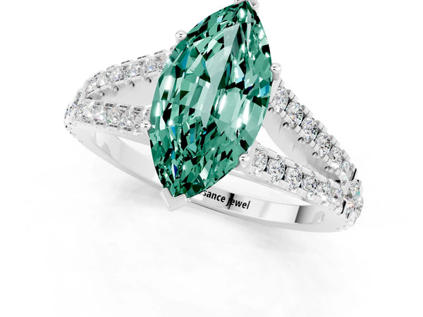Platinum Marquise Cut Green Sapphire Split Shank Engagement Ring with Round Pavé and Prong Setting