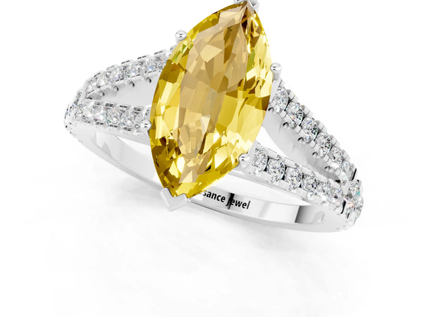 Silver Marquise Cut Yellow Sapphire Split Shank Engagement Ring with Round Pavé and Prong Setting