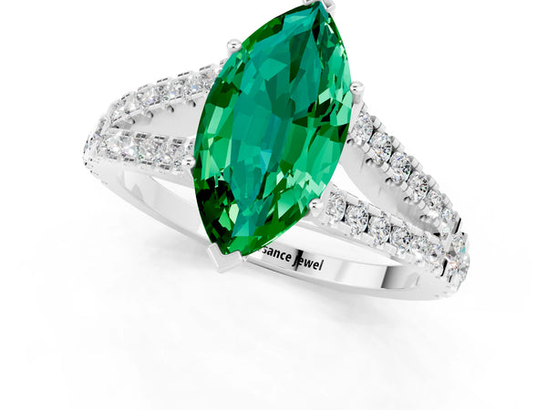 Silver Marquise Cut Emerald Split Shank Engagement Ring with Round Pavé and Prong Setting