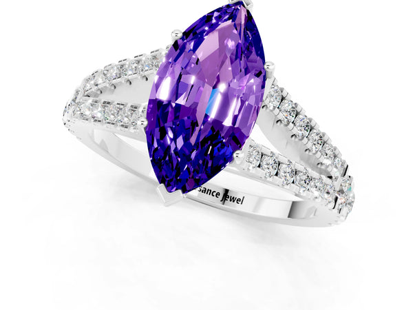 White gold Marquise Cut Tanzanite Split Shank Engagement Ring with Round Pavé and Prong Setting