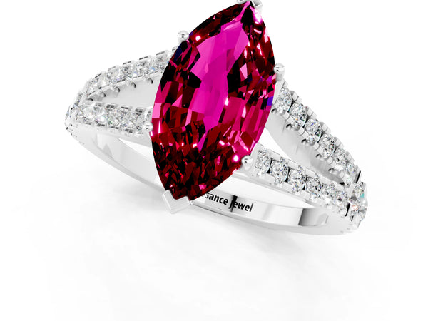 Silver Marquise Cut Garnet Split Shank Engagement Ring with Round Pavé and Prong Setting
