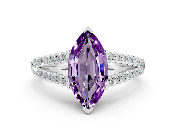 White gold Marquise Cut Amethyst Split Shank Engagement Ring with Round Pavé and Prong Setting