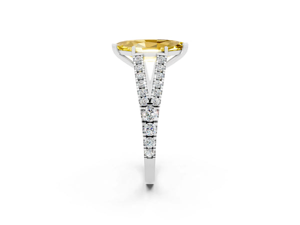 Silver Marquise Cut Yellow Sapphire Split Shank Engagement Ring with Round Pavé and Prong Setting
