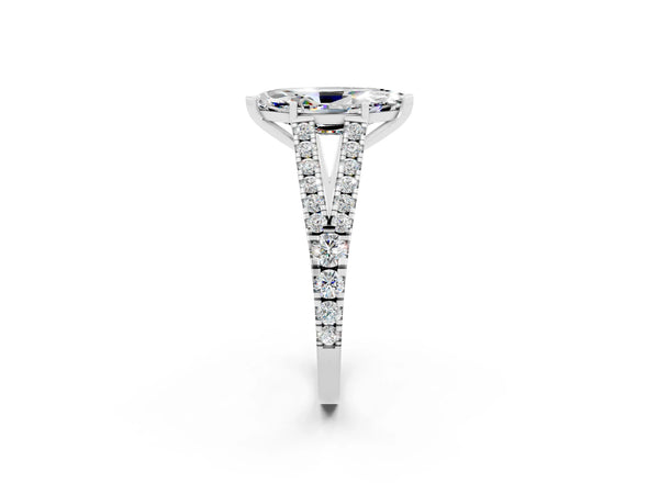 White gold Marquise Cut Moissanite Split Shank Engagement Ring with Round Pavé and Prong Setting