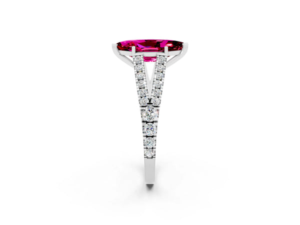 Silver Marquise Cut Garnet Split Shank Engagement Ring with Round Pavé and Prong Setting