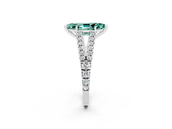 Silver Marquise Cut Green Sapphire Split Shank Engagement Ring with Round Pavé and Prong Setting