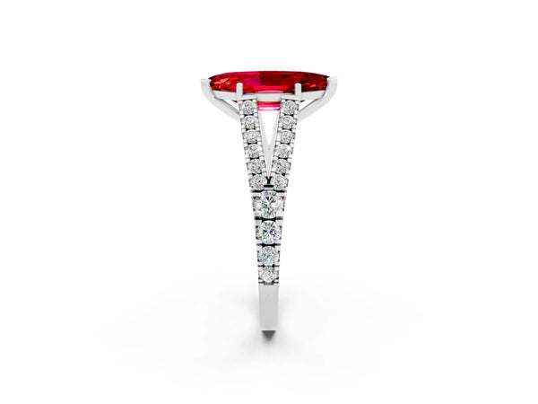 Silver Marquise Cut Ruby Split Shank Engagement Ring with Round Pavé and Prong Setting