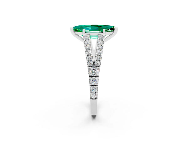 Platinum Marquise Cut Emerald Split Shank Engagement Ring with Round Pavé and Prong Setting