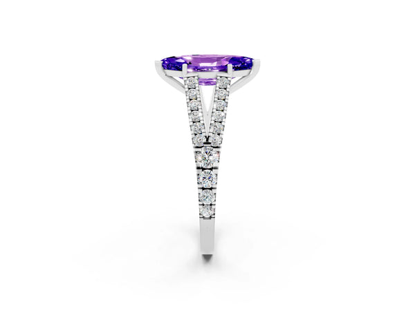 Silver Marquise Cut Tanzanite Split Shank Engagement Ring with Round Pavé and Prong Setting