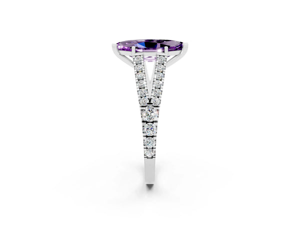 Silver Marquise Cut Amethyst Split Shank Engagement Ring with Round Pavé and Prong Setting