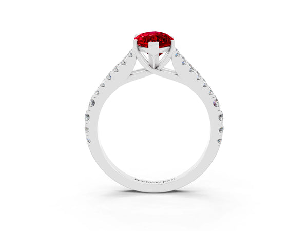 Silver Marquise Cut Ruby Split Shank Engagement Ring with Round Pavé and Prong Setting