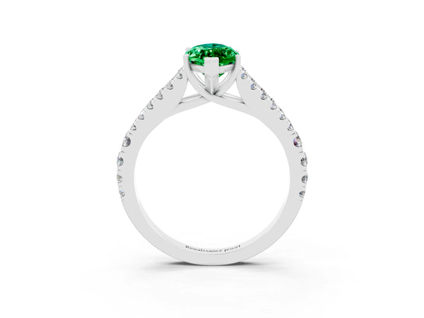 Platinum Marquise Cut Emerald Split Shank Engagement Ring with Round Pavé and Prong Setting