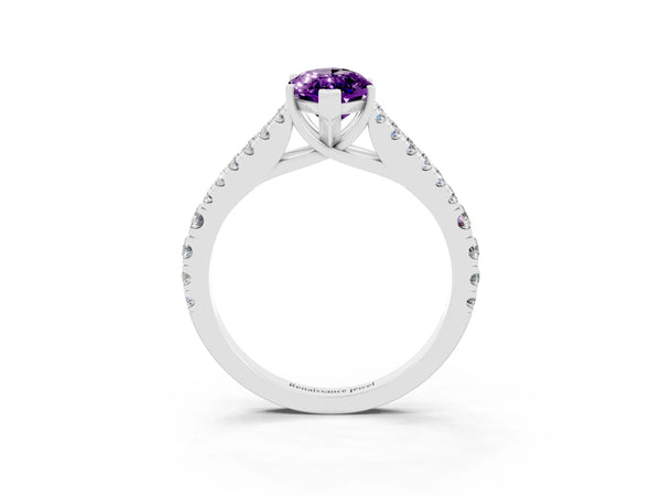 White gold Marquise Cut Amethyst Split Shank Engagement Ring with Round Pavé and Prong Setting