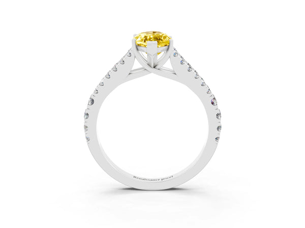 Silver Marquise Cut Yellow Sapphire Split Shank Engagement Ring with Round Pavé and Prong Setting