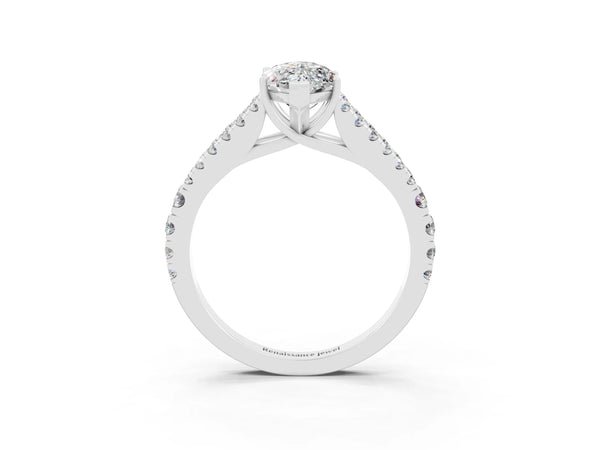 White gold Marquise Cut Moissanite Split Shank Engagement Ring with Round Pavé and Prong Setting