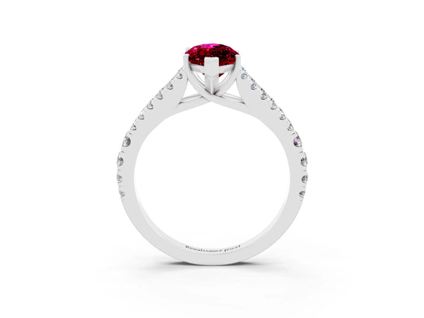 Platinum Marquise Cut Garnet Split Shank Engagement Ring with Round Pavé and Prong Setting