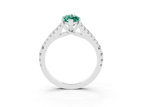 Platinum Marquise Cut Green Sapphire Split Shank Engagement Ring with Round Pavé and Prong Setting