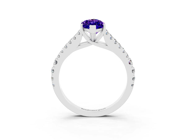 Silver Marquise Cut Tanzanite Split Shank Engagement Ring with Round Pavé and Prong Setting