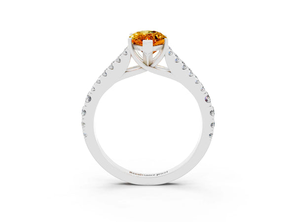 Platinum Marquise Cut Citrine Split Shank Engagement Ring with Round Pavé and Prong Setting
