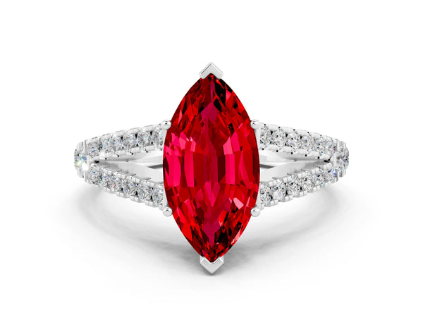 Platinum Marquise Cut Ruby Split Shank Engagement Ring with Round Pavé and Prong Setting