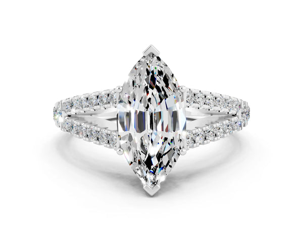 Silver Marquise Cut Moissanite Split Shank Engagement Ring with Round Pavé and Prong Setting