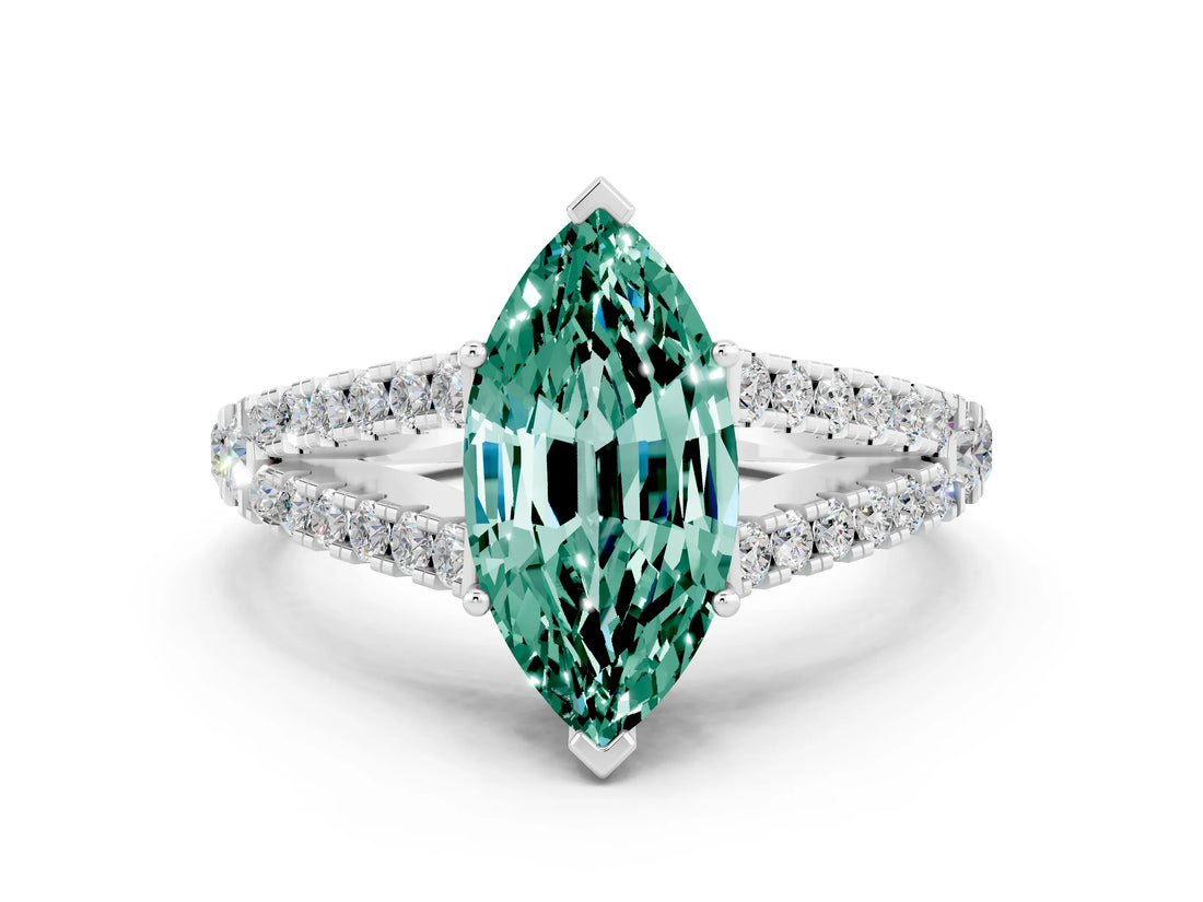 White gold Marquise Cut Cut Split Shank Pave Diamond Engagement Ring with Four-Prong Setting
