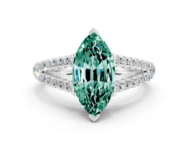 Silver Marquise Cut Green Sapphire Split Shank Engagement Ring with Round Pavé and Prong Setting