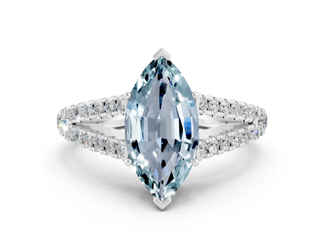 White gold Marquise Cut Cut Split Shank Pave Diamond Engagement Ring with Four-Prong Setting