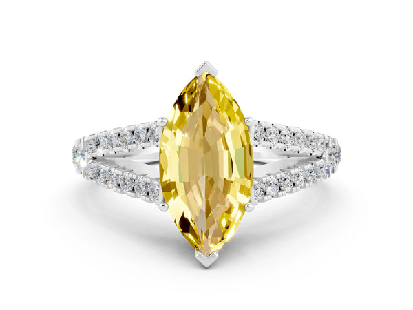 Silver Marquise Cut Yellow Sapphire Split Shank Engagement Ring with Round Pavé and Prong Setting