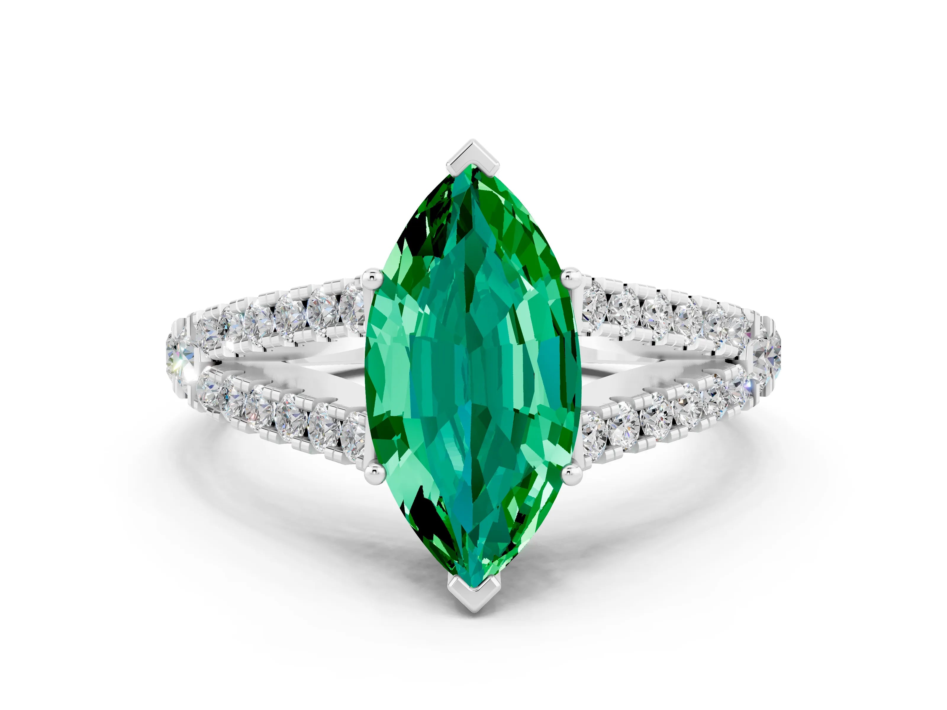 White gold Marquise Cut Cut Split Shank Pave Diamond Engagement Ring with Four-Prong Setting