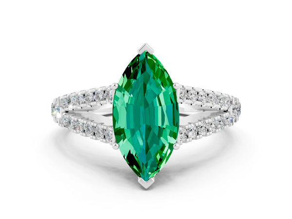 Platinum Marquise Cut Emerald Split Shank Engagement Ring with Round Pavé and Prong Setting