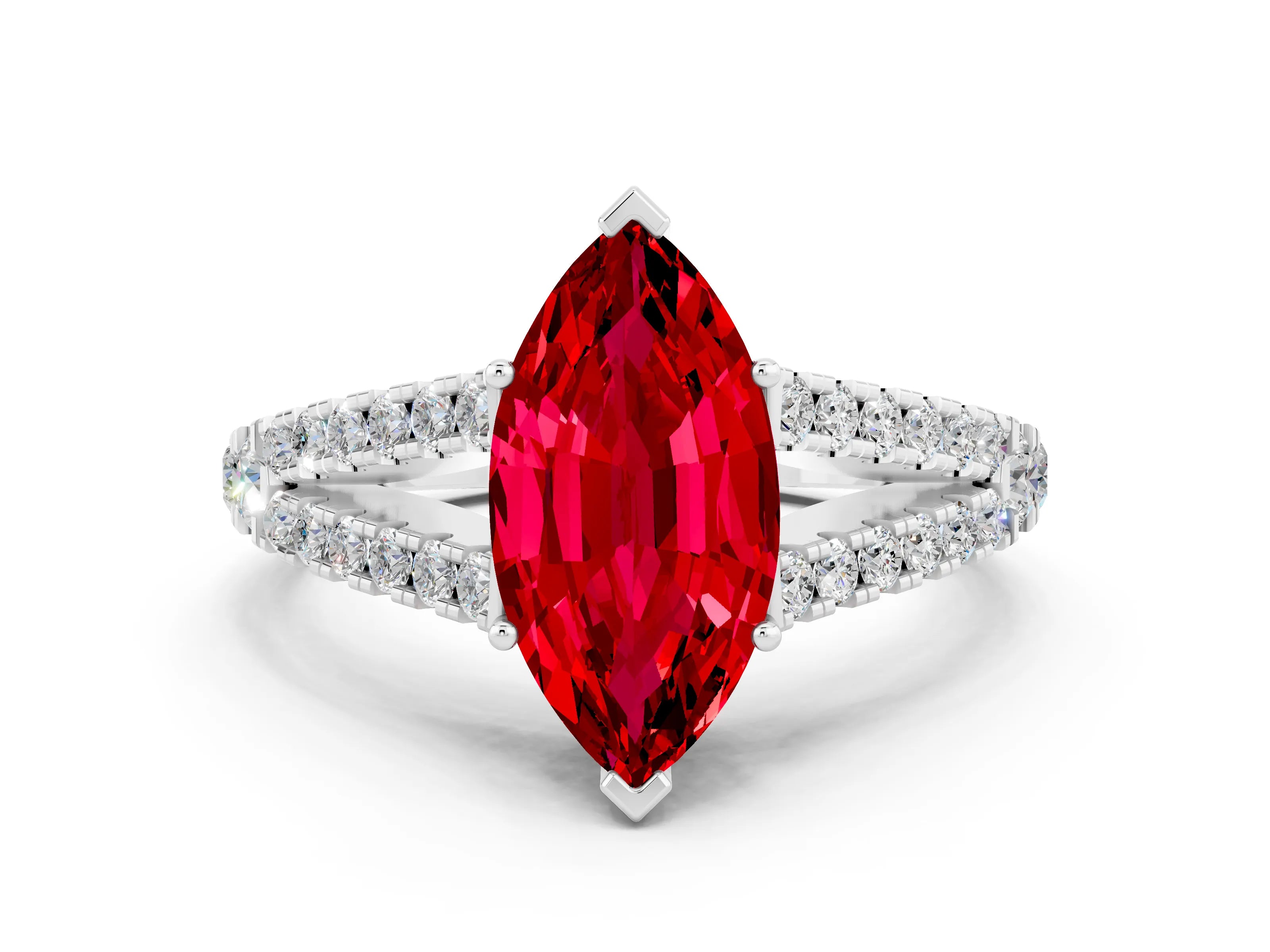 White gold Marquise Cut Cut Split Shank Pave Diamond Engagement Ring with Four-Prong Setting