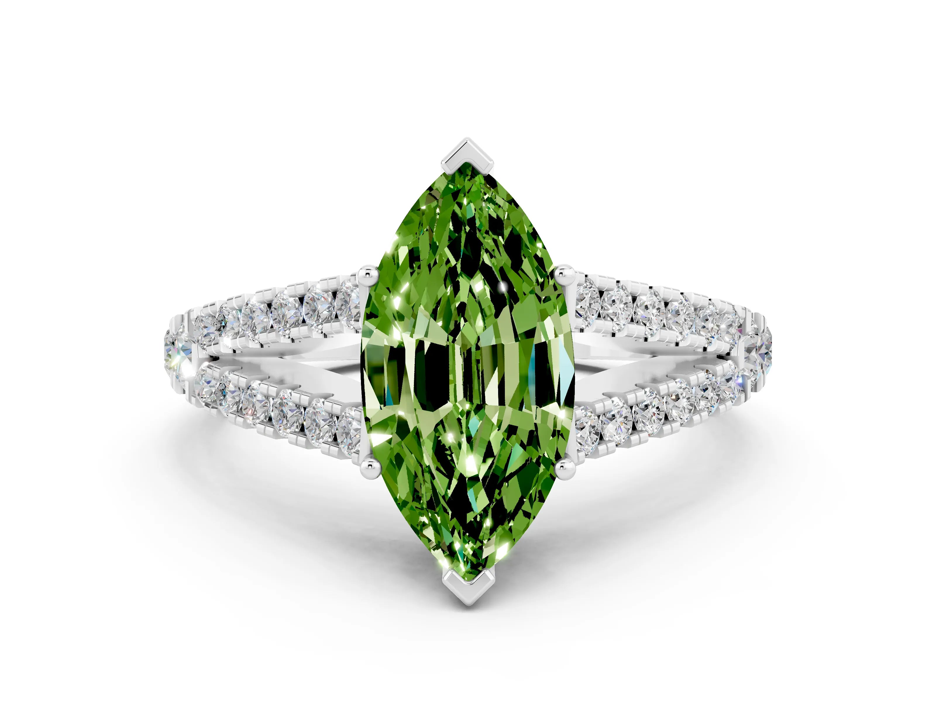 White gold Marquise Cut Cut Split Shank Pave Diamond Engagement Ring with Four-Prong Setting