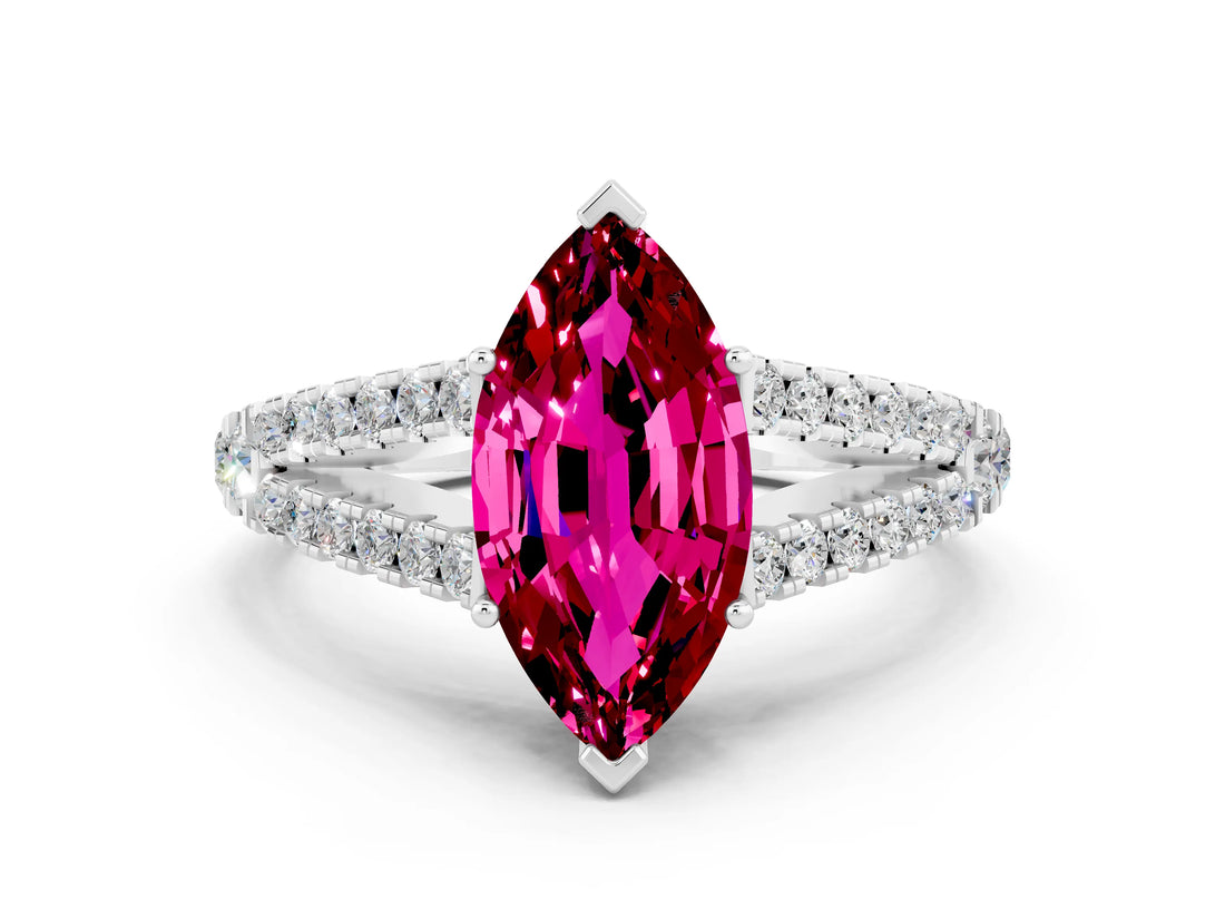 White gold Marquise Cut Cut Split Shank Pave Diamond Engagement Ring with Four-Prong Setting