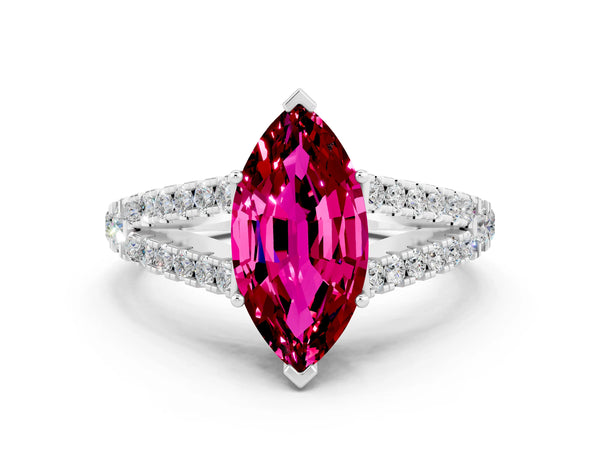 Platinum Marquise Cut Garnet Split Shank Engagement Ring with Round Pavé and Prong Setting