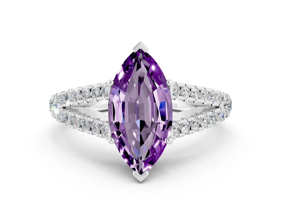 White gold Marquise Cut Cut Split Shank Pave Diamond Engagement Ring with Four-Prong Setting