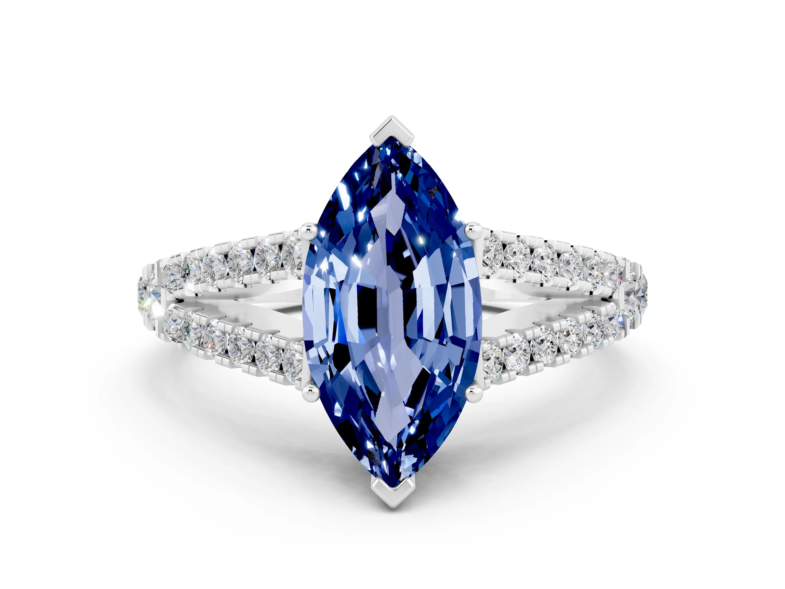 White gold Marquise Cut Cut Split Shank Pave Diamond Engagement Ring with Four-Prong Setting